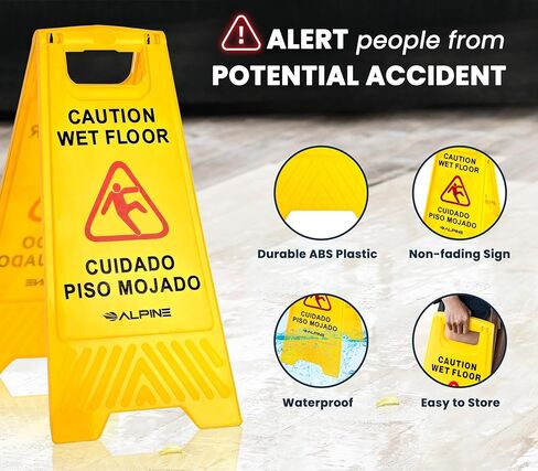 Alpine Wet Floor Signs 3 Pack - 24 Inch Caution Wet Floor Sign, High Visibility Yellow Slippery When Wet Sign - Bilingual Safety Warning Sign to Easily Avoid Slippery Accidents in High Traffic Areas in Kuwait