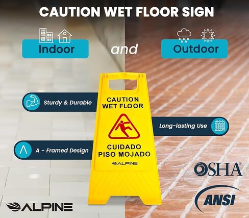 Alpine Wet Floor Signs 3 Pack - 24 Inch Caution Wet Floor Sign, High Visibility Yellow Slippery When Wet Sign - Bilingual Safety Warning Sign to Easily Avoid Slippery Accidents in High Traffic Areas in Kuwait