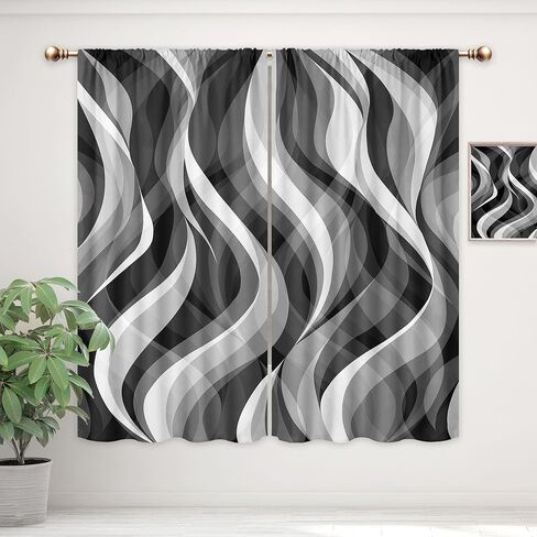ستائر حديثة باللونين الأبيض والأسود لغرفة المعيشة، أسود ورمادي داكن رمادي حديث تجريدي 42 عرض × 63 ارتفاع بوصة قضيب جيب أومبير فن الخط المتموج للرجال مجموعة معالجة نافذة لوحة لديكور غرفة النوم in Kuwait