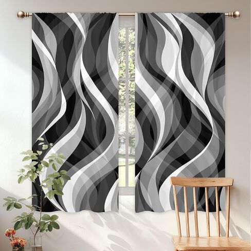 ستائر حديثة باللونين الأبيض والأسود لغرفة المعيشة، أسود ورمادي داكن رمادي حديث تجريدي 42 عرض × 63 ارتفاع بوصة قضيب جيب أومبير فن الخط المتموج للرجال مجموعة معالجة نافذة لوحة لديكور غرفة النوم in Kuwait