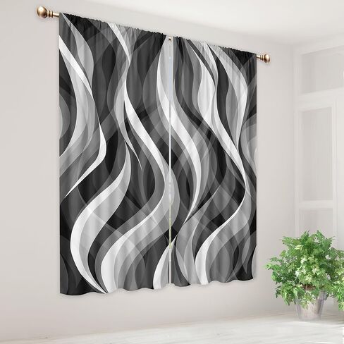 ستائر حديثة باللونين الأبيض والأسود لغرفة المعيشة، أسود ورمادي داكن رمادي حديث تجريدي 42 عرض × 63 ارتفاع بوصة قضيب جيب أومبير فن الخط المتموج للرجال مجموعة معالجة نافذة لوحة لديكور غرفة النوم in Kuwait