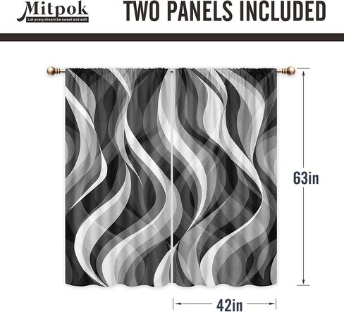 ستائر حديثة باللونين الأبيض والأسود لغرفة المعيشة، أسود ورمادي داكن رمادي حديث تجريدي 42 عرض × 63 ارتفاع بوصة قضيب جيب أومبير فن الخط المتموج للرجال مجموعة معالجة نافذة لوحة لديكور غرفة النوم in Kuwait