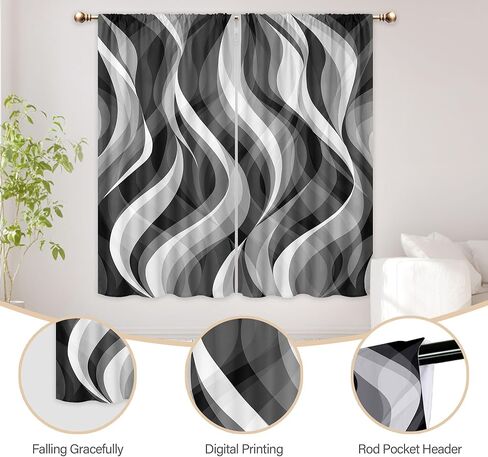 ستائر حديثة باللونين الأبيض والأسود لغرفة المعيشة، أسود ورمادي داكن رمادي حديث تجريدي 42 عرض × 63 ارتفاع بوصة قضيب جيب أومبير فن الخط المتموج للرجال مجموعة معالجة نافذة لوحة لديكور غرفة النوم in Kuwait
