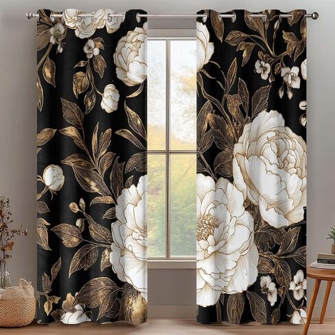 ستائر تعتيم زهور ذهبية سوداء لغرفة النوم، ستائر نافذة بوهو داكنة على شكل أوراق زهور داكنة نباتية، ستائر جروميت فريدة من نوعها باللون الذهبي الوردي العتيقة لغرفة المعيشة، عرض 52 × 84 ارتفاعًا، لوحتان in Kuwait