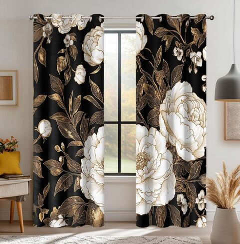 ستائر تعتيم زهور ذهبية سوداء لغرفة النوم، ستائر نافذة بوهو داكنة على شكل أوراق زهور داكنة نباتية، ستائر جروميت فريدة من نوعها باللون الذهبي الوردي العتيقة لغرفة المعيشة، عرض 52 × 84 ارتفاعًا، لوحتان in Kuwait