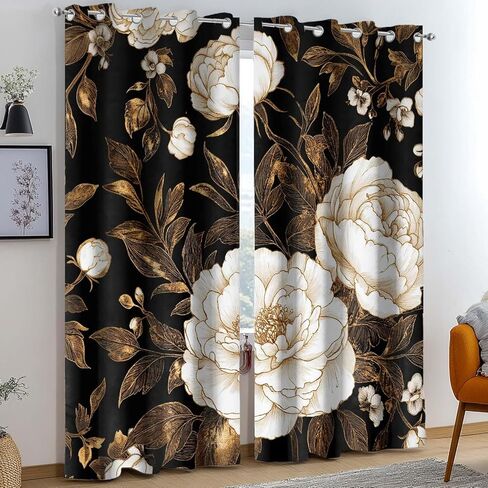ستائر تعتيم زهور ذهبية سوداء لغرفة النوم، ستائر نافذة بوهو داكنة على شكل أوراق زهور داكنة نباتية، ستائر جروميت فريدة من نوعها باللون الذهبي الوردي العتيقة لغرفة المعيشة، عرض 52 × 84 ارتفاعًا، لوحتان in Kuwait