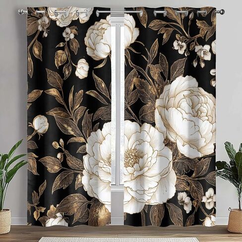 ستائر تعتيم زهور ذهبية سوداء لغرفة النوم، ستائر نافذة بوهو داكنة على شكل أوراق زهور داكنة نباتية، ستائر جروميت فريدة من نوعها باللون الذهبي الوردي العتيقة لغرفة المعيشة، عرض 52 × 84 ارتفاعًا، لوحتان in Kuwait