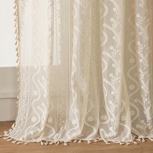 Light Beige Antique Lace Curtains 80 Inch - French Country Sheer Drapes, Floral Pattern Light Filtering, Semi Sheer Privacy (Set of 2, W52 xL80) in Kuwait