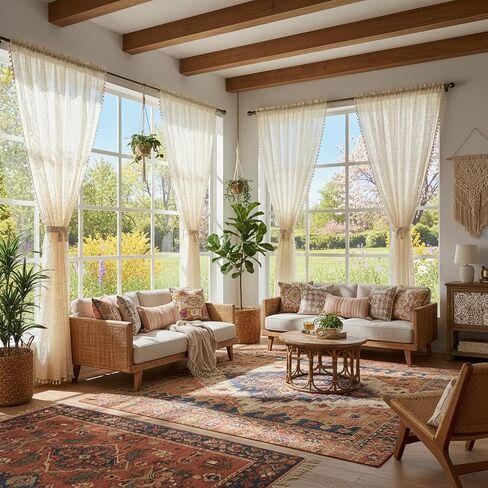 Light Beige Antique Lace Curtains 80 Inch - French Country Sheer Drapes, Floral Pattern Light Filtering, Semi Sheer Privacy (Set of 2, W52 xL80) in Kuwait