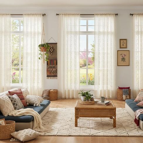 Light Beige Antique Lace Curtains 80 Inch - French Country Sheer Drapes, Floral Pattern Light Filtering, Semi Sheer Privacy (Set of 2, W52 xL80) in Kuwait