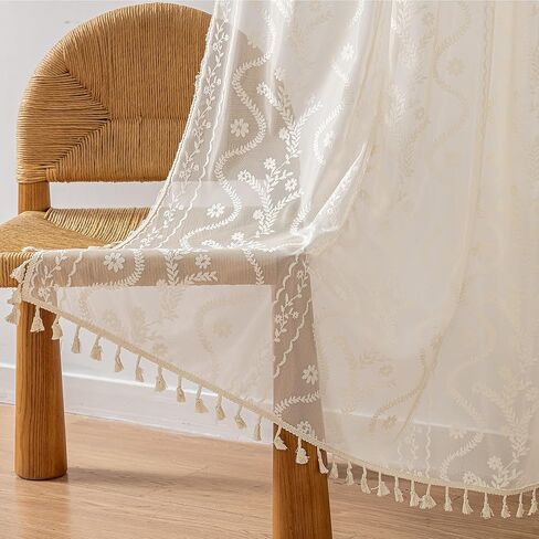 Light Beige Antique Lace Curtains 80 Inch - French Country Sheer Drapes, Floral Pattern Light Filtering, Semi Sheer Privacy (Set of 2, W52 xL80) in Kuwait