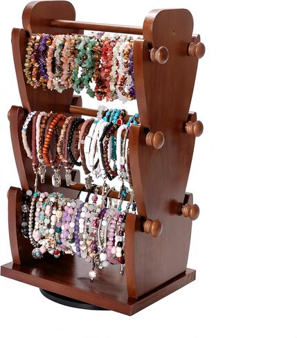 حامل سوار مجوهرات خشبي دوار على الوجهين مع 6 حوامل قابلة للإزالة - منظم أساور من 3 طبقات مثالي لتنظيم وعرض الأساور والساعات والإكسسوارات in Kuwait