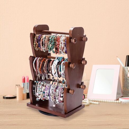 حامل سوار مجوهرات خشبي دوار على الوجهين مع 6 حوامل قابلة للإزالة - منظم أساور من 3 طبقات مثالي لتنظيم وعرض الأساور والساعات والإكسسوارات in Kuwait