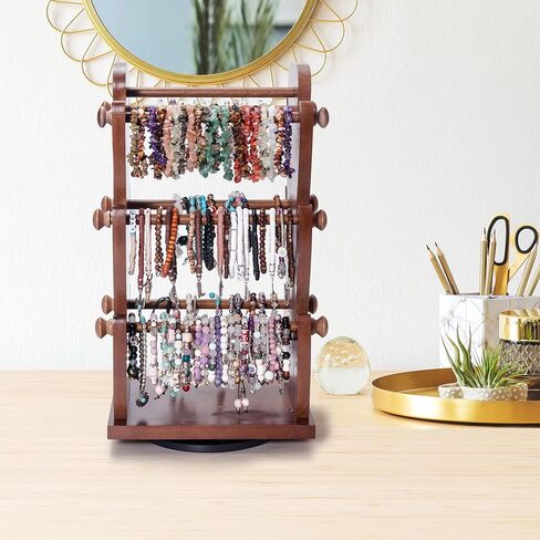 حامل سوار مجوهرات خشبي دوار على الوجهين مع 6 حوامل قابلة للإزالة - منظم أساور من 3 طبقات مثالي لتنظيم وعرض الأساور والساعات والإكسسوارات in Kuwait