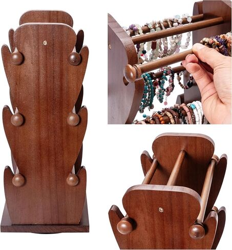 حامل سوار مجوهرات خشبي دوار على الوجهين مع 6 حوامل قابلة للإزالة - منظم أساور من 3 طبقات مثالي لتنظيم وعرض الأساور والساعات والإكسسوارات in Kuwait