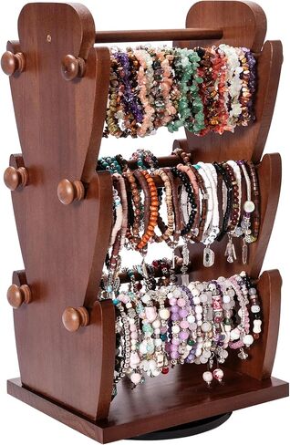حامل سوار مجوهرات خشبي دوار على الوجهين مع 6 حوامل قابلة للإزالة - منظم أساور من 3 طبقات مثالي لتنظيم وعرض الأساور والساعات والإكسسوارات in Kuwait