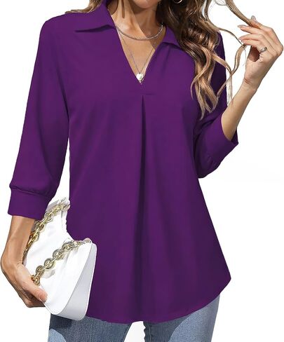 Heat Move Women's Work Blouses Collared V Neck 3/4 Sleeve Shirts Dressy Casual Tunic Loose Tops in Kuwait