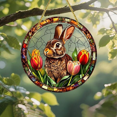 Colorful Acrylic Suncatcher, Easter Bunny with Tulips and Eggs 7-inch Hanging Window Wall Art Decor with Printed Stained Glass Style Design, Gift Idea & Garden Ornament Indoor Outdoor Use in Saudi Arabia