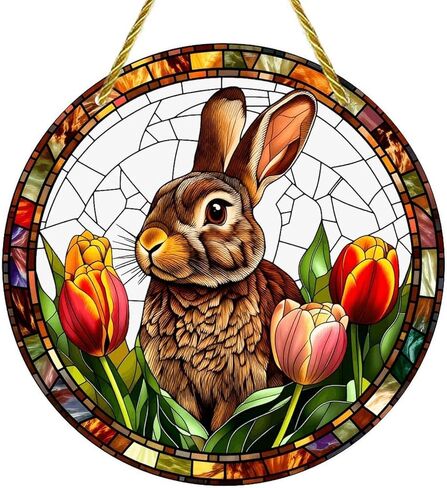 Colorful Acrylic Suncatcher, Easter Bunny with Tulips and Eggs 7-inch Hanging Window Wall Art Decor with Printed Stained Glass Style Design, Gift Idea & Garden Ornament Indoor Outdoor Use in Saudi Arabia