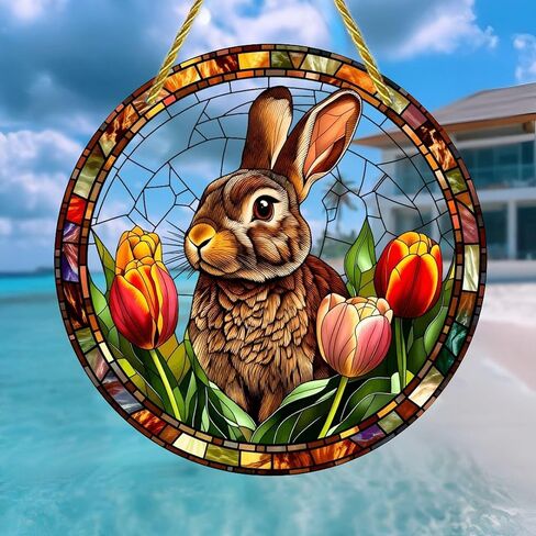 Colorful Acrylic Suncatcher, Easter Bunny with Tulips and Eggs 7-inch Hanging Window Wall Art Decor with Printed Stained Glass Style Design, Gift Idea & Garden Ornament Indoor Outdoor Use in Saudi Arabia