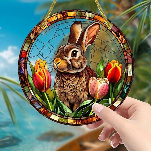 Colorful Acrylic Suncatcher, Easter Bunny with Tulips and Eggs 7-inch Hanging Window Wall Art Decor with Printed Stained Glass Style Design, Gift Idea & Garden Ornament Indoor Outdoor Use in Saudi Arabia
