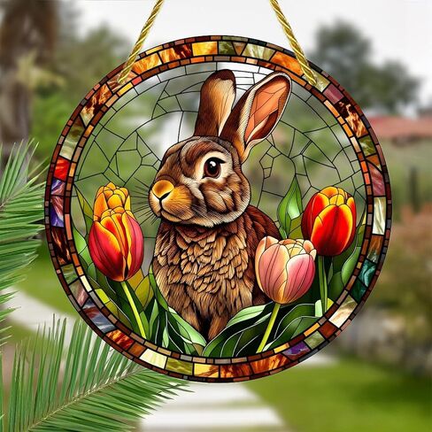Colorful Acrylic Suncatcher, Easter Bunny with Tulips and Eggs 7-inch Hanging Window Wall Art Decor with Printed Stained Glass Style Design, Gift Idea & Garden Ornament Indoor Outdoor Use in Saudi Arabia