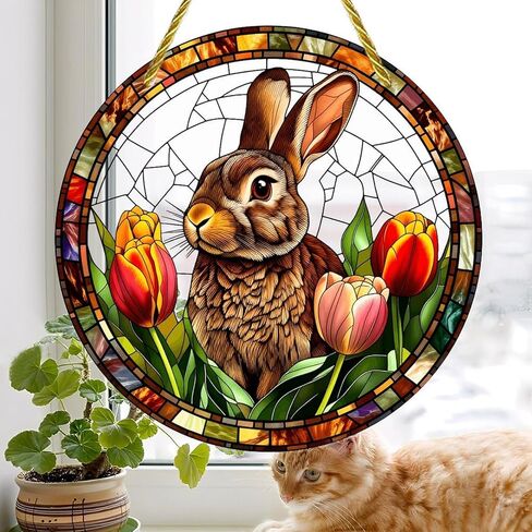 Colorful Acrylic Suncatcher, Easter Bunny with Tulips and Eggs 7-inch Hanging Window Wall Art Decor with Printed Stained Glass Style Design, Gift Idea & Garden Ornament Indoor Outdoor Use in Saudi Arabia