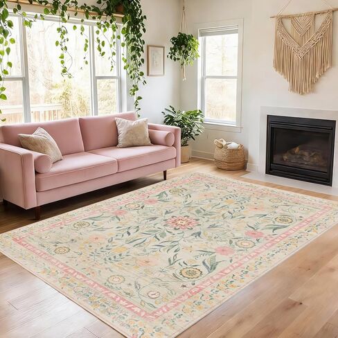 6x9 Area Rugs for Living Room, Floral Washable Rug Vintage Large Soft Boho Non-Slip Carpet Indoor Floor Carpets for Bedroom Dining Room Nursery Home Office in Saudi Arabia