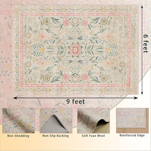 6x9 Area Rugs for Living Room, Floral Washable Rug Vintage Large Soft Boho Non-Slip Carpet Indoor Floor Carpets for Bedroom Dining Room Nursery Home Office in Saudi Arabia