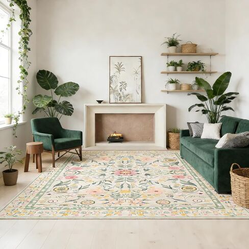 6x9 Area Rugs for Living Room, Floral Washable Rug Vintage Large Soft Boho Non-Slip Carpet Indoor Floor Carpets for Bedroom Dining Room Nursery Home Office in Saudi Arabia
