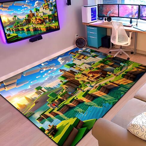 Block Game Rug Teen Kids Carpet, Pixel Games Scene Decoration Mat, Washable Cube Block Game Rugs for Boy’s Bedroom Living Room Playroom, Non-Slip Children Gaming Area Rugs (Green Village, 60" x 40") in Saudi Arabia