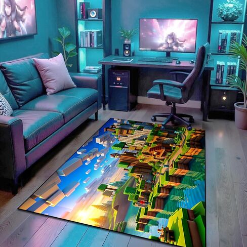 Block Game Rug Teen Kids Carpet, Pixel Games Scene Decoration Mat, Washable Cube Block Game Rugs for Boy’s Bedroom Living Room Playroom, Non-Slip Children Gaming Area Rugs (Green Village, 60" x 40") in Saudi Arabia