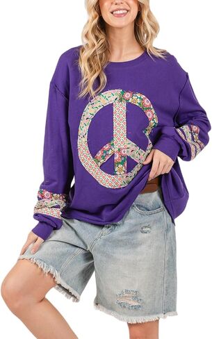 Women's Casual Graphic Peace Sign Sweatshirt - Purple Cotton Blend, Long Sleeve with Pullover Closure in Kuwait