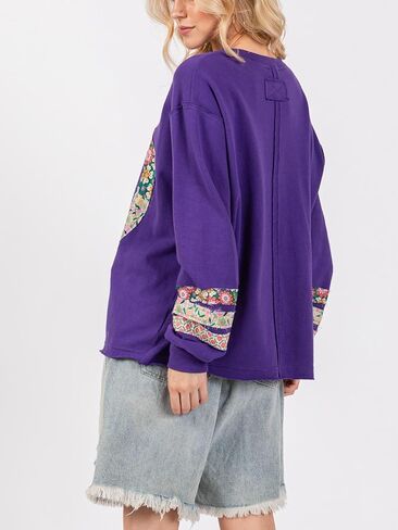 Women's Casual Graphic Peace Sign Sweatshirt - Purple Cotton Blend, Long Sleeve with Pullover Closure in Kuwait