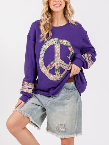 Women's Casual Graphic Peace Sign Sweatshirt - Purple Cotton Blend, Long Sleeve with Pullover Closure in Kuwait