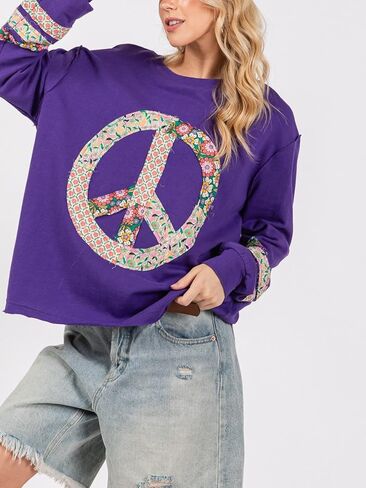Women's Casual Graphic Peace Sign Sweatshirt - Purple Cotton Blend, Long Sleeve with Pullover Closure in Saudi Arabia