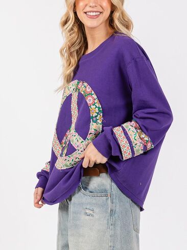 Women's Casual Graphic Peace Sign Sweatshirt - Purple Cotton Blend, Long Sleeve with Pullover Closure in Saudi Arabia