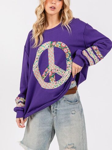 Women's Casual Graphic Peace Sign Sweatshirt - Purple Cotton Blend, Long Sleeve with Pullover Closure in Saudi Arabia