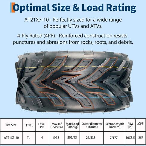 Set of 2 All Terrain ATV Tires 21x7-10 (175/70-10) 4PR Tubeless, Max Load 330 lbs Each, Fits 10x5.5 Inch Rims in Kuwait