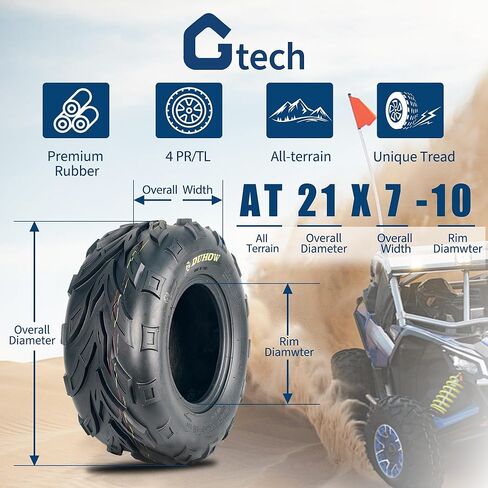 Set of 2 All Terrain ATV Tires 21x7-10 (175/70-10) 4PR Tubeless, Max Load 330 lbs Each, Fits 10x5.5 Inch Rims in Kuwait