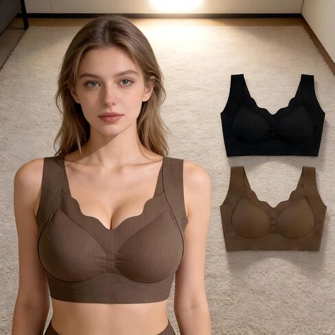 Ladies Wirefree Sleep Bras 2 Pack Soft Nylon Lingerie Stretchy Breathable Intimates Seamless Wireless Comfort Bralette Daily Black Coffee L in Saudi Arabia