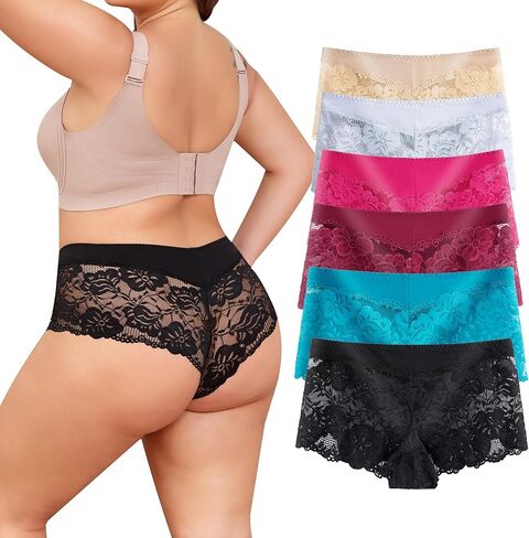 moonlight elves Women's Underwear Regular & Plus size Lace Boyshort Panties Cheeky Panty for Ladies, Pack of 6 Size S-5XL in Kuwait