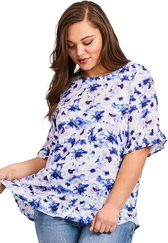 Avenue Women's Plus Size Crew Ruffle Hem Top in Saudi Arabia