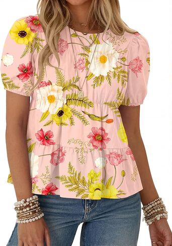 Rapbin Womens Puff Sleeve Peplum Babydoll Tops Summer Smocked Pleated Cotton T-Shirts Casual Loose Fit Flowy Blouse（Pink Floral M） in Kuwait