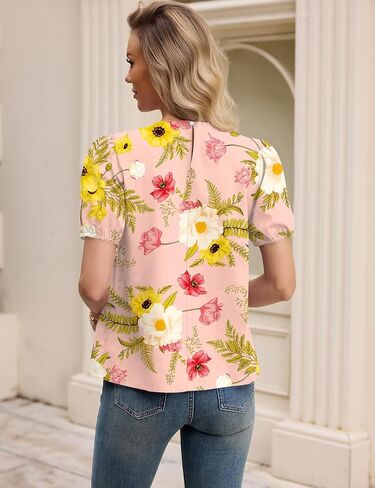 Rapbin Womens Puff Sleeve Peplum Babydoll Tops Summer Smocked Pleated Cotton T-Shirts Casual Loose Fit Flowy Blouse（Pink Floral M） in Kuwait
