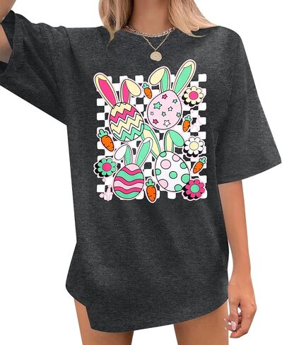 Cute Easter Shirts for Women Happy Bunny Eggs Plaid Printed T-Shirt Oversized Short Sleeve Graphic Tee Tops in Kuwait
