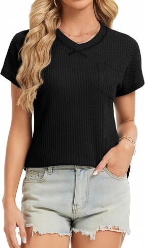 تي شيرت حريمي منسوج برقبة على شكل حرف V وأكمام قصيرة ناعم ومسامي وفضفاض مناسب للربيع والصيف، بلوزة غير رسمية in Kuwait