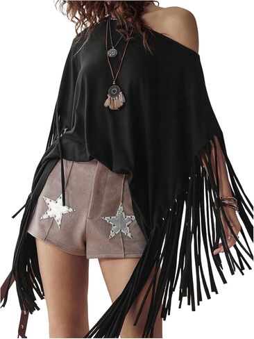 SHENHE Women's Off Shoulder Tassel Short Sleeve Shirt Oversized Y2k Boho Asymmetrical Fringe Top in Saudi Arabia