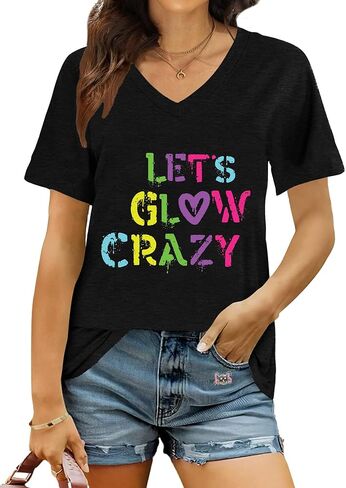 تي شيرت Let's Glow Crazy على شكل حرف V للنساء في الثمانينيات والتسعينيات من القرن الماضي بأكمام قصيرة ورسومات جرافيك in Kuwait