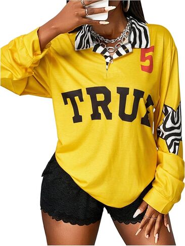 قمصان جولف نسائية Y2K مخططة بأكمام طويلة وطباعة حروف النجوم، قميص فضفاض مناسب للشارع in Kuwait